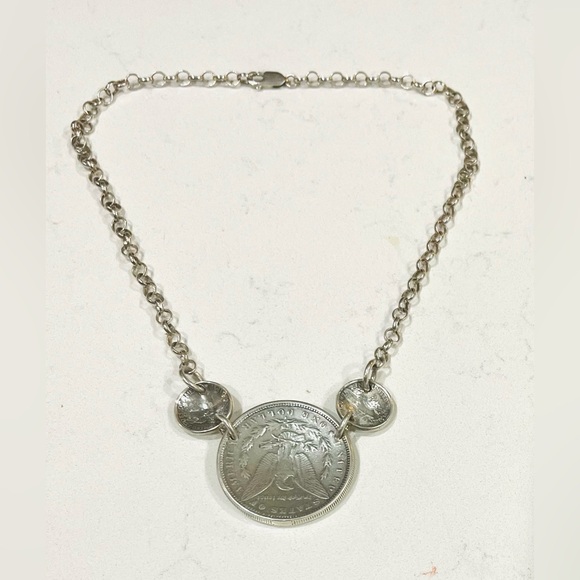 1881-O US Morgan Silver Dollar Coin Plus 2 Dimes in Sterling Silver 18" Necklace - Picture 7 of 12